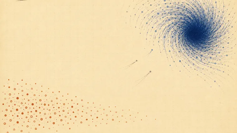 A dense blue vortex pulls smaller particles inward on the right; a scattered terracotta swarm of independent firms stretches across the lower-left — the bimodal physical economy.